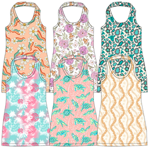 Vestito Estivo Casual per Bambine, Abito a Pezzo Unico con Cinturino al Collo, Motivo Tie-dye a Righe Floreali Turchesi, Senza Maniche, Corto - Product Image 1