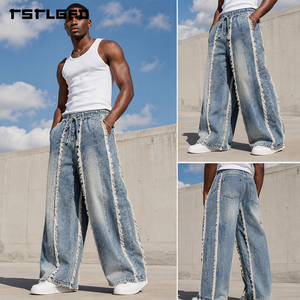 Pantalones vaqueros de pierna ancha con flecos, de tejido grueso, lavado vintage, paneles, estilo streetwear, cintura con cordón y flecos laterales, venta al por mayor - Product Image 5