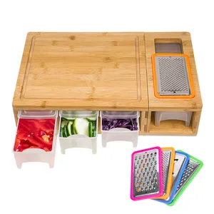 GL Multi-functional Bamboo Cutting Chopping Board With Removable Lid And Tray Kitchen Chopping Block With Storage Containers