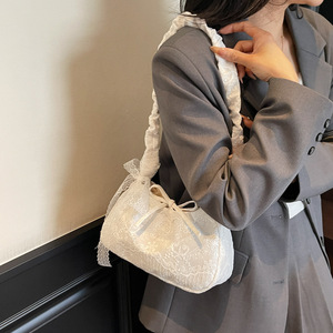 Bolso de hombro con bordado de encaje para mujer, con cordón y lazo, asa fruncida, elegante bolso de mano para uso diario - Product Image 2