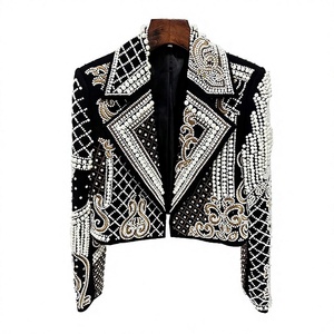 Veste courte décontractée réversible en PU tricoté pour femme, brodée, ornée de perles et de strass, collection automne, tendance - Product Image 3