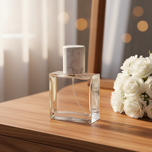 Flacon de <span class=keywords><strong>parfum</strong></span> de luxe 30 ml en verre transparent carré plat avec bouchon marbré, pulvérisateur à pompe, rechargeable, impression sérigraphique, gravure, finition argentée - Product Image 1