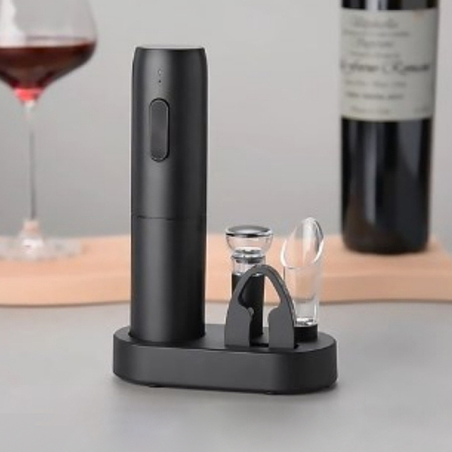 4in1 Rechargeable Automatic Electric Wine Bottle Opener Gift Set With Foil Cutter Wine Pourer Vacuum Stopper and Base
