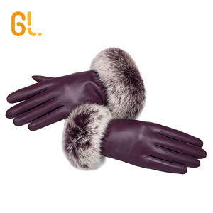 GL50 şarap kırmızı moda kürk süsleyin bayanlar toptan elbise özel kuzu derisi deri kış eldiven kadın - Product Image 4