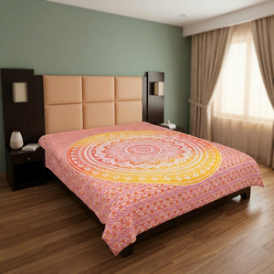 Sábana plana con estampado geométrico de mandala bohemio, color rosa, naranja y amarillo, funda de cama, sábana étnica para el hogar - Product Image 1