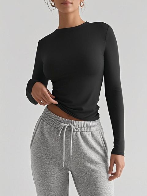RTS Instock 1Pcs Low MOQ Women Solid Basic Crew Neck Long Sleeve Top Stretchable Comfortable Simple Casual Blouse