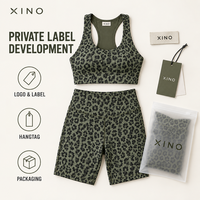 Ensemble de yoga personnalisé pour femme, imprimé léopard, respirant, extensible dans les quatre sens, soutien-gorge de sport et short cycliste taille haute, 2 pièces, tenue de sport privée