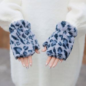 Gants sans doigts pour femmes, imprimé léopard, en polaire peluche, mitaines à demi-doigts - Product Image 6