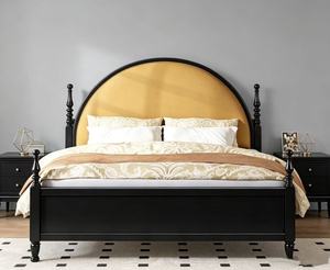Premium <b>Queen</b> <b>Size</b> Black Wood Spindle <b>Bed</b> With Yellow Arched Upholstered Headboard For Bedroom - Product Image 6