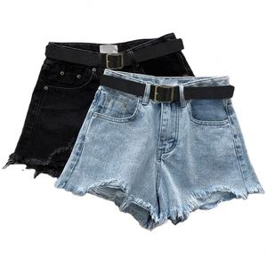 Pantalones cortos de mezclilla de verano para mujer, de cintura alta, corte en A, con borde sin rematar, efecto adelgazante, de pierna ancha que cubre la figura - Product Image 2