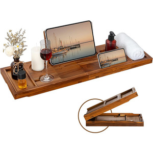 Plateau de bain pliable de luxe plateau de baignoire en teck avec poignées extensibles verre à vin et supports de téléphone support de <span class=keywords><strong>livre</strong></span> - Product Image 1