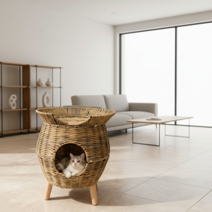 Komfortables Erhöhtes Katzenbett Katzenhaus Bequemes Bett Rattan-Kunsthandwerk Katzenhaus - Product Image 2
