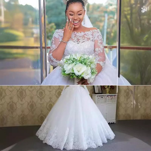 Wedding Dress O-Neck Lace Ball Gown Empire Waist White Plus Size Vintage Style Mid Sleeve - Product Image 3