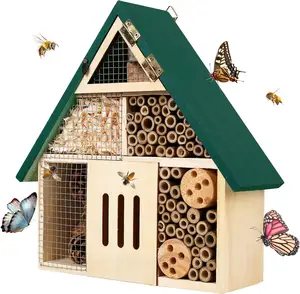 3 Floor Hanging Insect House for Gardens, Natural Wooden Insect Hotel for Bee, Butterfly, Ladybirds