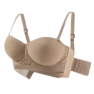 Women's Seamless Gathering Steel Ring Bra With Double Cross Side Buckle Anti-Slip Detachable Shoulder Strap Cross Back Design