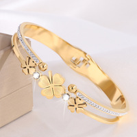 Gelang Wanita Fashion Bunga Lapis Emas 18k PVD Stainless Steel Tahan Air Berhiaskan Rhinestone Geometris Grosir