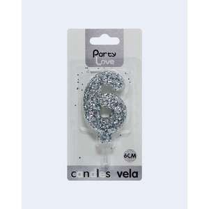 Vela de Cumpleaños con Número 6, Plateada con Purpurina, 6 cm, para Fiestas - Product Image 1