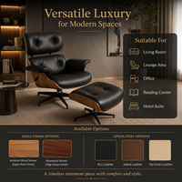 Fauteuil lounge capitonné style Ames avec repose-pieds, coussin en cuir noir pour hôtel, vente en gros, vente au détail, bureau, marché B2B, personnalisable