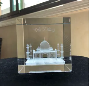 MH-FT123 Chất Lượng Hàng Đầu Pha Lê Cube Bên Trong Khắc Taj Mahal Thủy Tinh Trống Paperweights Bán Buôn