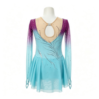 Robe de patinage et de danse pour enfants et adultes, dégradé violet-bleu, manches longues en maille, dos orné de strass, pour compétition et spectacle de patinage sur glace