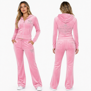 Custom <strong>Women's</strong> Velvet <strong>Longline</strong> <strong>Zip</strong> Up <strong>Hoodie</strong> Rhinestone Full Length Sweatpants Two Piece Set Streetwear Tracksuit OEM Wholesale - Product Image 1