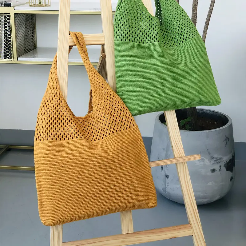 Knitted Tote Handbag Knit Simple Hollow Handbag for Ladies Women Knit Beach Shoulder Bag