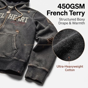 Sweat à capuche zippé personnalisé pour homme, délavé à l'acide, effet usé et déchiré, en coton épais, avec motif Rebel Heart, logo personnalisé, OEM - Product Image 2