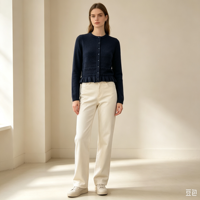 Clara – Haut tricoté pour femme, qualité supérieure, maille pointelle, bleu, personnalisable OEM, couleur unie, manches longues, boutons en corne