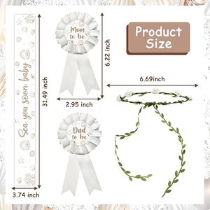 Decorazioni per Baby Shower 'Ci Vediamo Presto', Fascia con Conchiglie Bianche, Corona Floreale, Distintivi 'Future Mamma' e 'Future Papà' per Festa del Bambino - Product Image 2