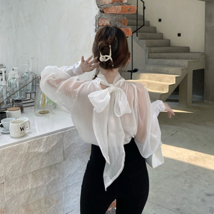 Nova Moda Primavera e Verão, Camisa Elegante com Laço Solto, Estilo Retro com Mangas Bufantes para Mulheres - Product Image 3