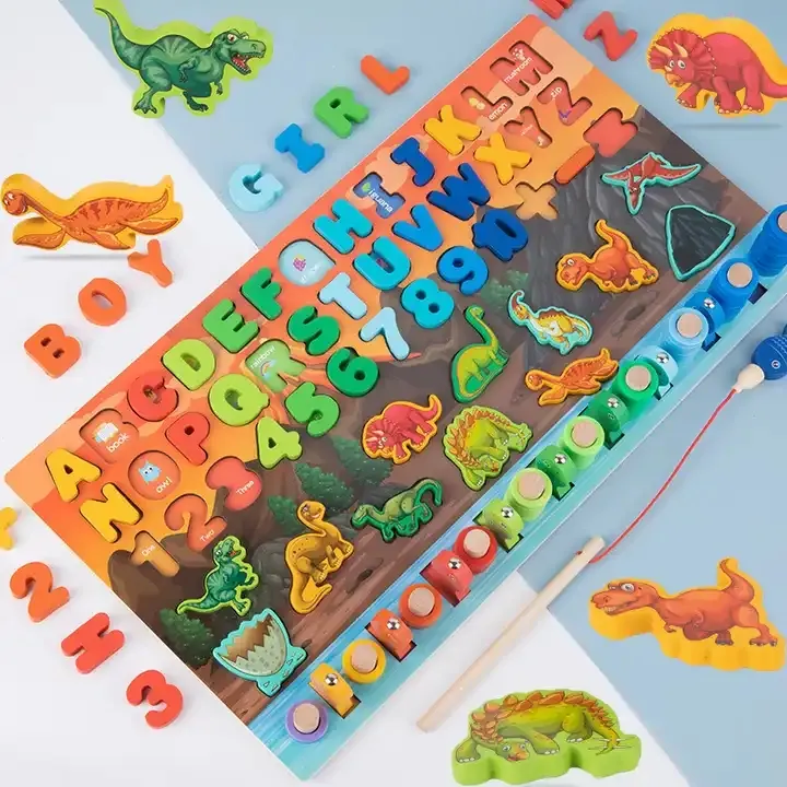 Montessori Educational Toys Magnetic Dinosaur Fishing Busy Board Toy wooden Match Fishing Puzzle Learning children toys