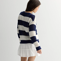 Pull en maille vintage pour femme, style preppy, rayé bleu et blanc, col rond, broderie florale, manches longues, anti-boulochage, anti-plis, 100%