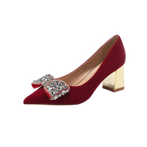 <b>Red</b> Velvet Bridal Pumps Pointed Toe Block <b>Heel</b> Rhinestone Decor Slip-On High <b>Heel</b> Wedding Shoes 6555H-059 - Product Image 5