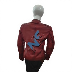 Nabtay Sports Women's Red Cow Skin Real Leather Motorcycle <b>Jacket</b> Full Sleeve Stand Collar Zipper Closure Solid Color Autumn - Product Image 2