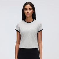 Top Deportivo Corto Transpirable con Ribete en Contraste, Cuello Redondo, Manga Corta, para Correr, Gimnasio, Entrenamiento, Ropa Deportiva al por Mayor, Top de Yoga para Mujer