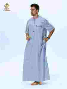 Al Haramain <b>Men's</b> Light Gray Cotton <b>Thobe</b> Short Sleeve Floor Length Breathable Traditional Arabic Prayer Wear good cotton - Product Image 3