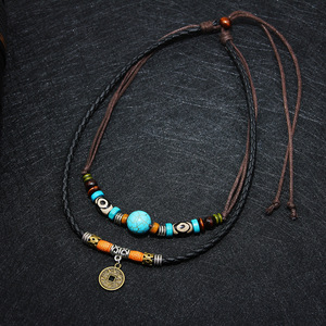 Collana di gioielli con ciondolo in pelle stile BOHO turchese pendente a moneta WDN015 - Product Image 3