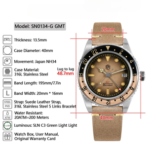 <span class=keywords><strong>San</strong></span> <span class=keywords><strong>Martin</strong></span> SN0134 40mm NH34 Retro Gradient Color Dial Hombres GMT Reloj Automático Mecánico Zafiro Bisel 20Bar C3 Verde - Product Image 6