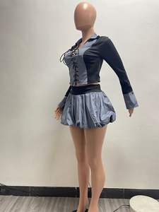 Viviblook Z1023ST07 Sexy traje de moda conjunto de mujer con cordones recortados Tops Puffy Culottes falda con pantalones traje de dos piezas - Product Image 3