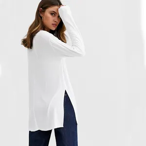 T-shirt à manches longues, nouveau style 2019, en coton, bon marché, avec ourlet, longline