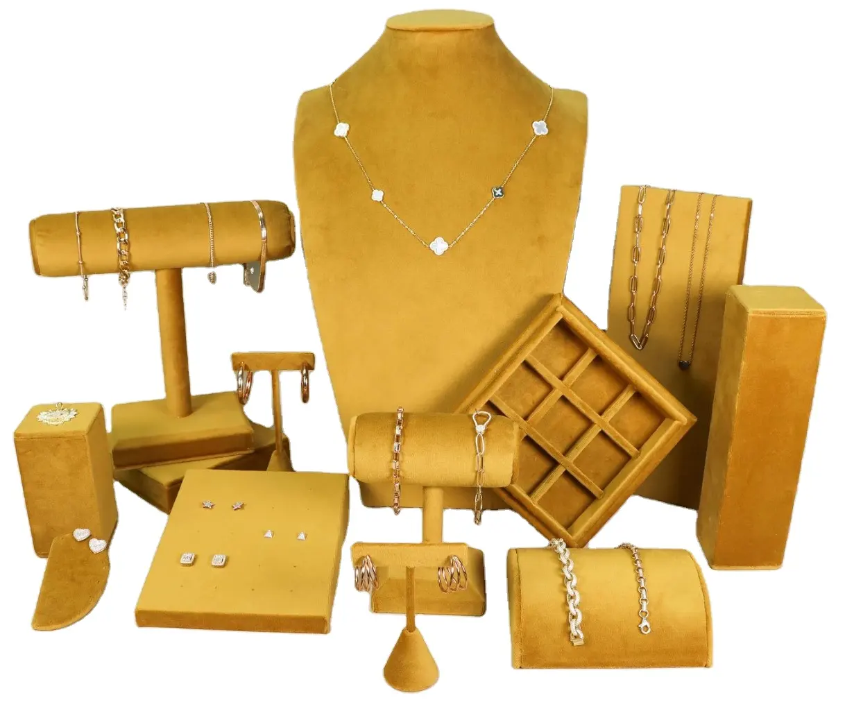 Présentoir à bijoux design personnalisé en usine, présentoir jaune pour bijouteries de luxe haut de gamme, présentoir pour bijoux corporels, velours, daim