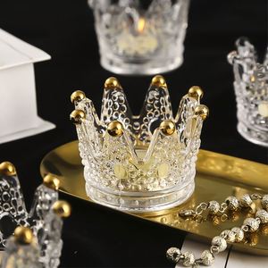 Porte-bougie en verre transparent doré moderne fait à la main en forme de couronne de diamant de luxe pour la décoration de la maison - Product Image 1