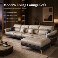 Sofá Seccional en Forma de L con Chaise Longue, Tapizado en Dos Tonos Azul Marino y Beige, Patas Doradas, para Sala de Estar, Hotel, Apartamento u Oficina
