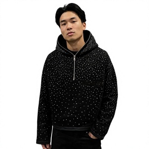 Sudadera con capucha de forro polar para hombre, negra con estampado de puntos brillantes, media cremallera, corte regular, estilo urbano, cálida, cortavientos, 100% algodón - Product Image 2