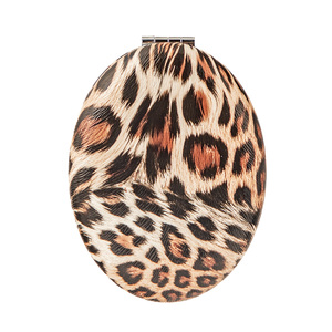 Leopard Print PU Leather Oval <b>Compact</b> <b>Mirror</b> Silver Electroplated Metal Frame Folding Dual Sided Pocket Makeup <b>Mirror</b> Bulk - Product Image 4