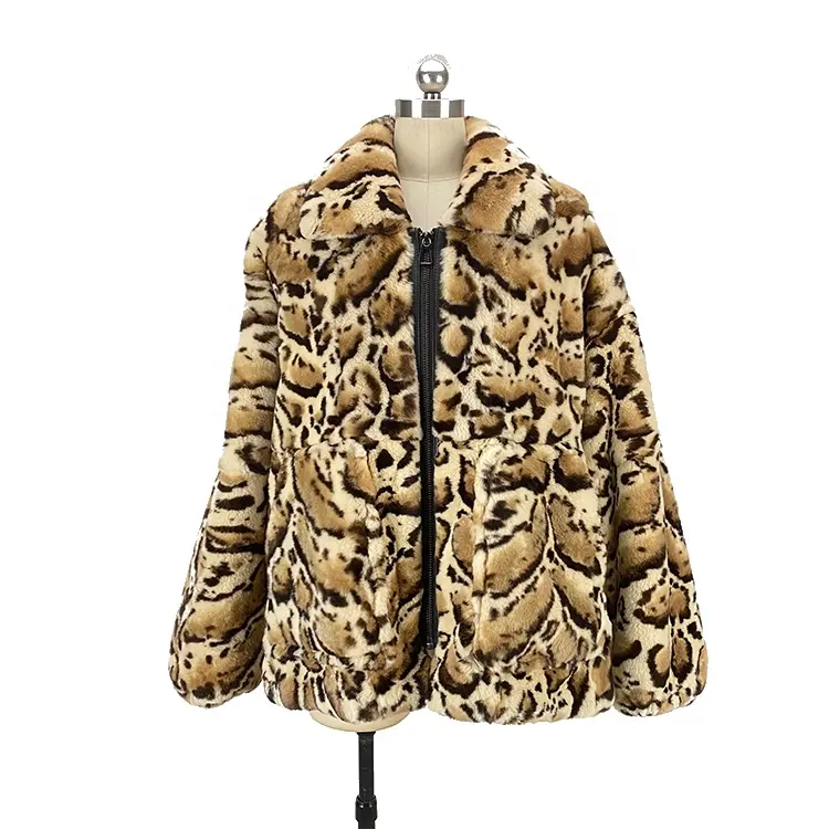 Rex Rabbit Fur Women's Coat Fur Leopard Style Fur Coat For Ladies With Zipper