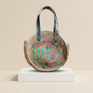 Multicolor Embroidered <b>Raffia</b> Tote <b>Bag</b> Zipper Closure Two <b>Shoulder</b> Straps Eco-Friendly 3L+ Capacity Women Multi-Purpose Use - Product Image 5