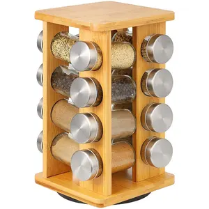 Kitchen Accessories 16 Filled Bottle Spice Rack Rotation Spice Organizer Kitchen For Countertop Rack Revolving Bamboo Spice Rack