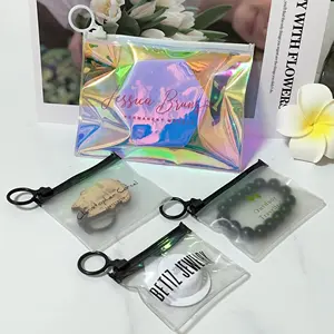 Kustom mewah tas plastik holografik dengan ritsleting untuk mode Pvc kemasan tas poli Zip Lock kantong Kosmetik