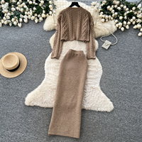 Ensemble haut à manches longues en tricot torsadé décontracté pour femme et jupe midi taille haute pour l'automne et les trajets quotidiens